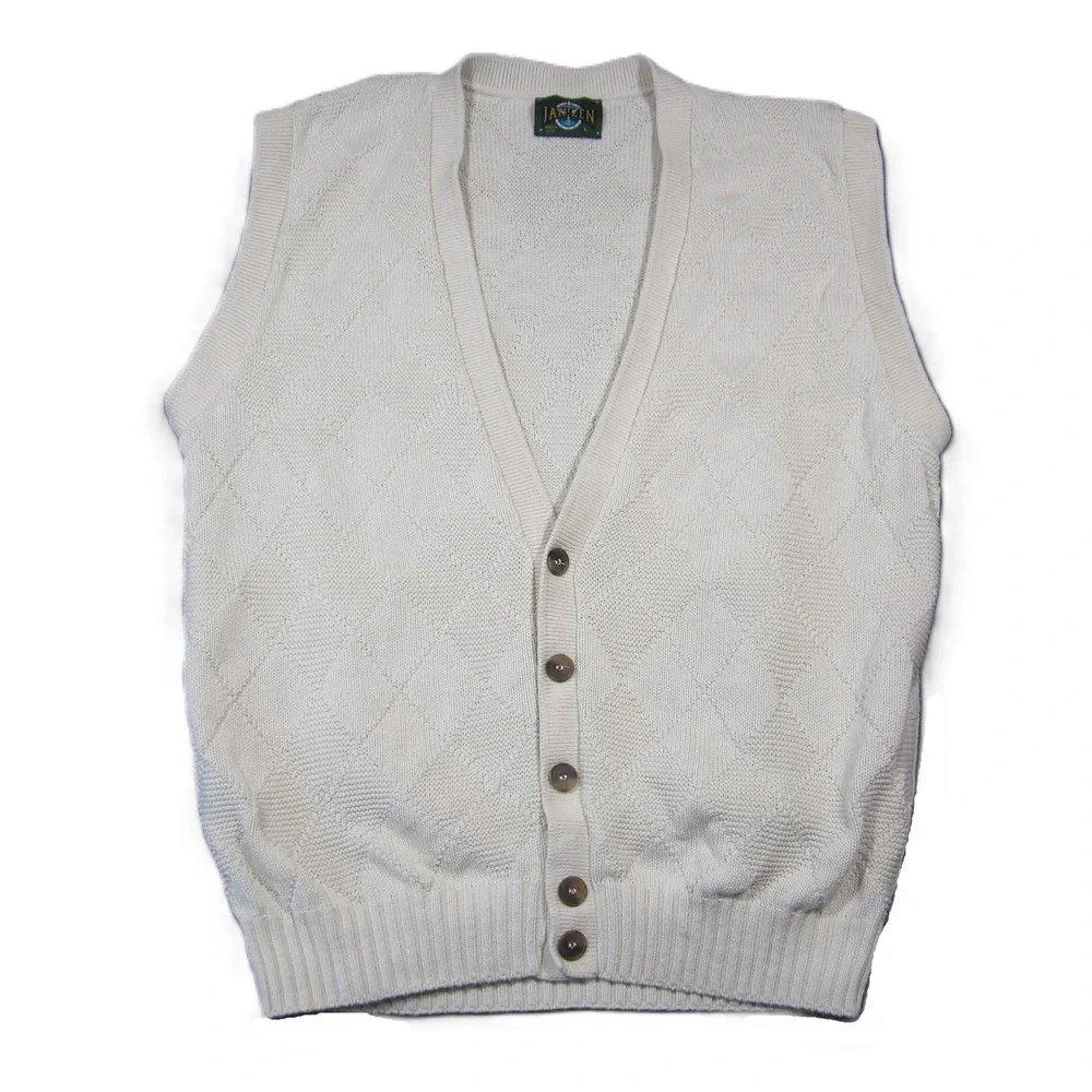 Vtg Jantzen‎ Sweater Vest Mens L Ivory Argyle V-Neck Button Grandpa Academia 90s
